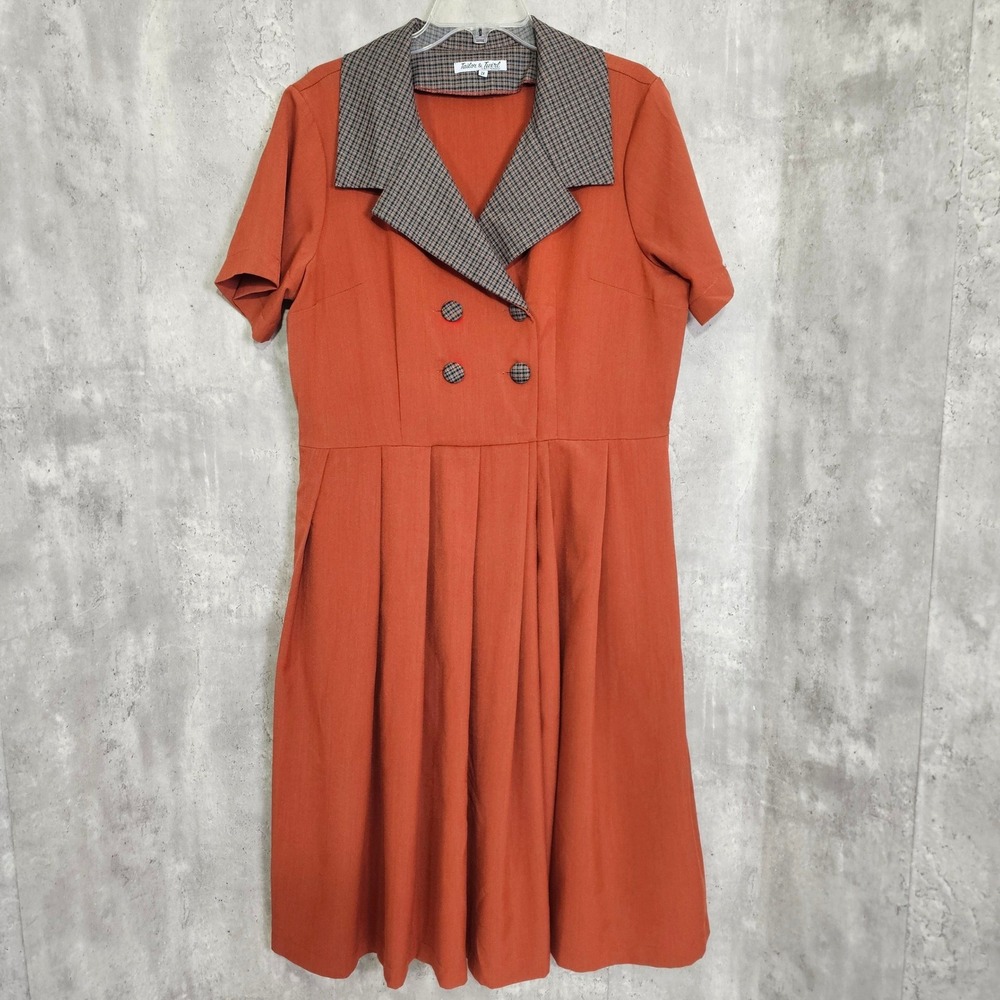 Tailor & Twirl Burnt Orange Plaid Collar Retro A-Line Dress Plus Size 2X